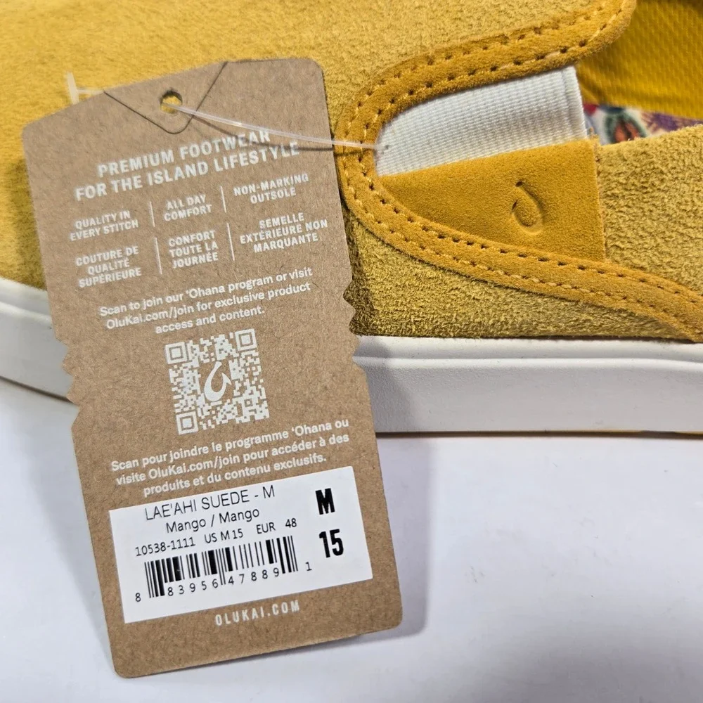 OluKai Lae'ahi Suede Yellow Slip On Sneakers Mens 15 10538-1111 Drop-In Heel